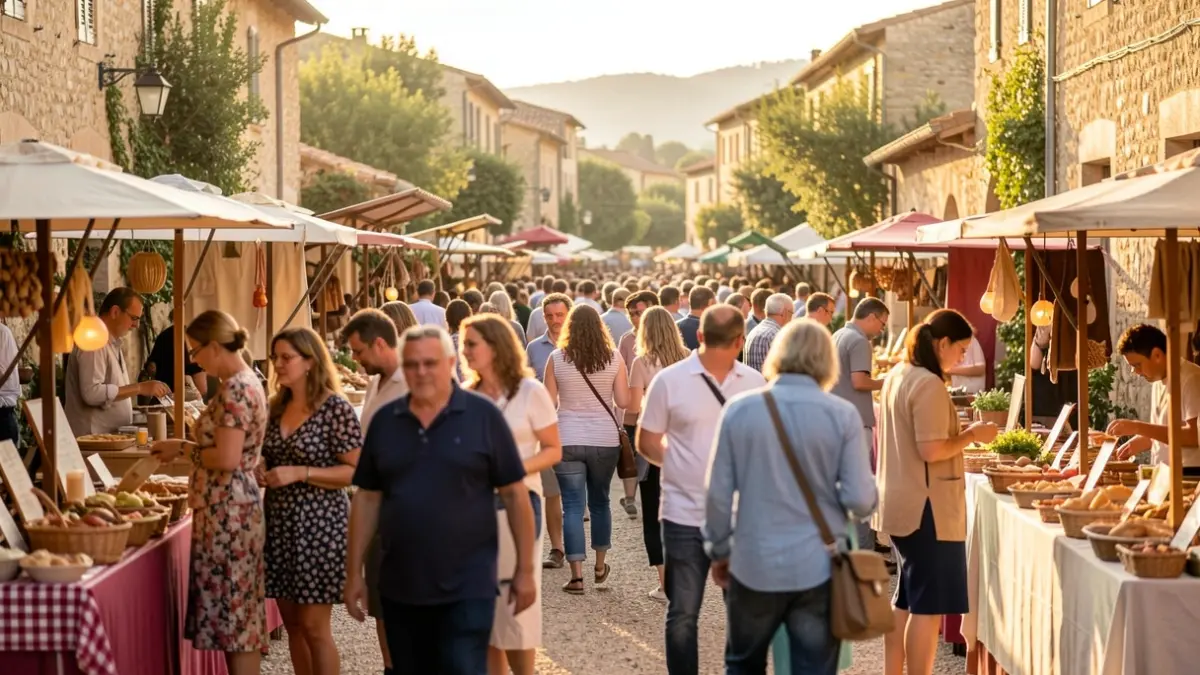 Generic image of a lively village festival in Provence, with food stalls and a blurred crowd under the sun.