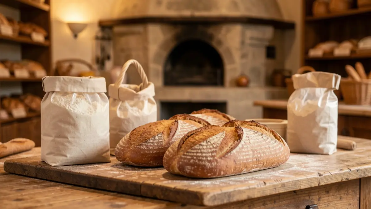 Generic image of natural sourdough bread loaves and bags of flour on a wooden table, with a traditional bakery oven in the background.