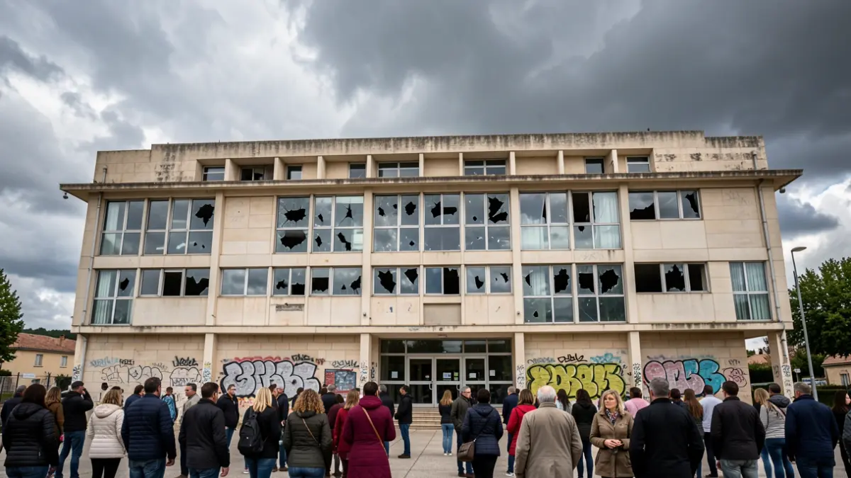 Façade d'un centre culturel vandalisé à Berre-l'Étang.