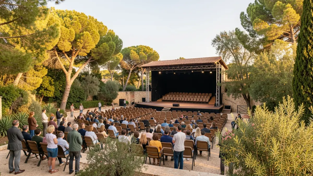 Generic image of the exterior of an open-air theatre in Provence, with empty seats under a blue sky.