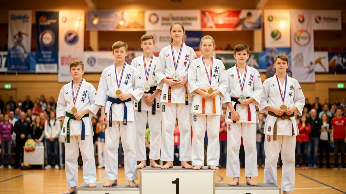 Generic image of young karate athletes on a podium.