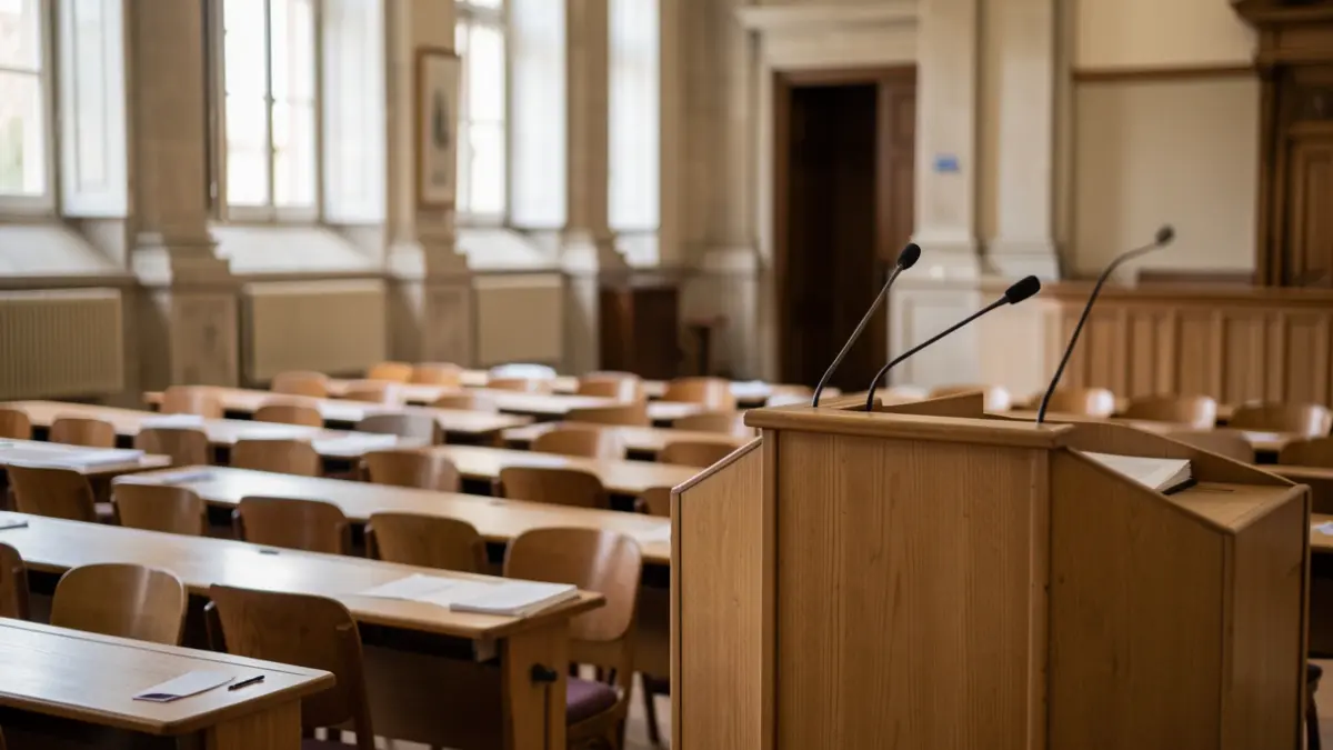 Generic image of an empty university lecture hall with seats and a podium, illuminated by daylight.