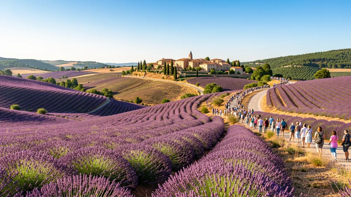 Generic image of lavender hills with a Provençal village and a road.