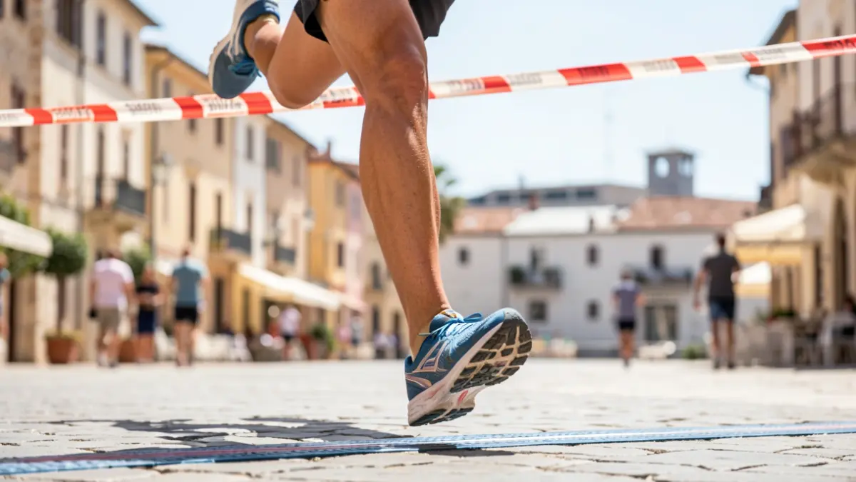 Des pieds de coureurs franchissant une ligne d'arrivée devant un paysage de Salon-de-Provence.
