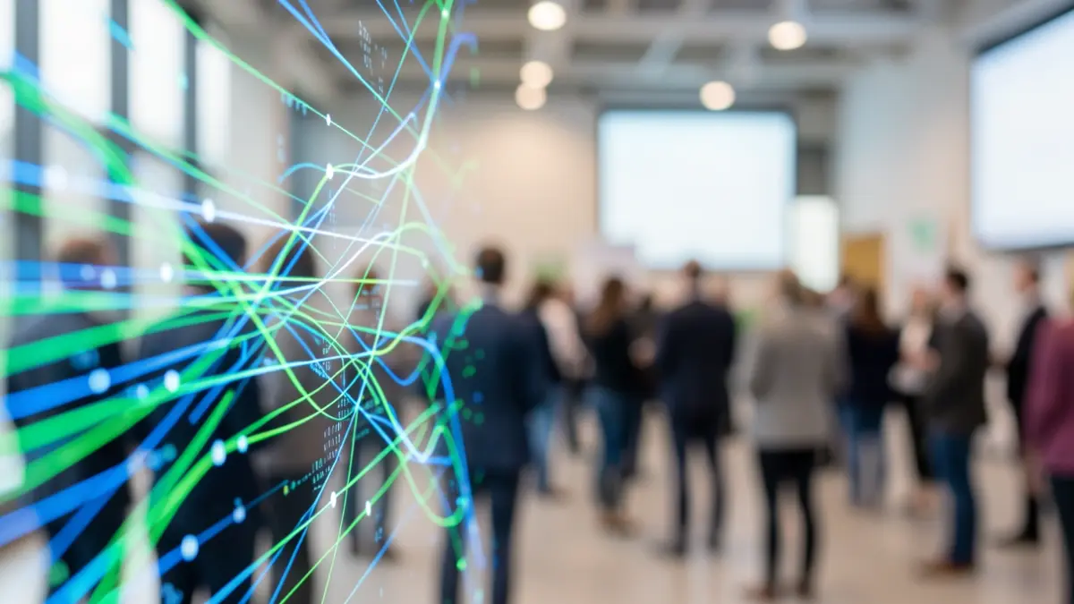 Generic image of abstract digital data streams and interconnected nodes, on a blurred background suggesting a modern conference venue.