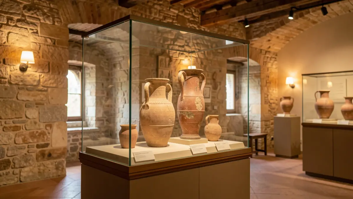 Vitrine d'exposition d'artefacts archéologiques locaux dans une salle rustique.