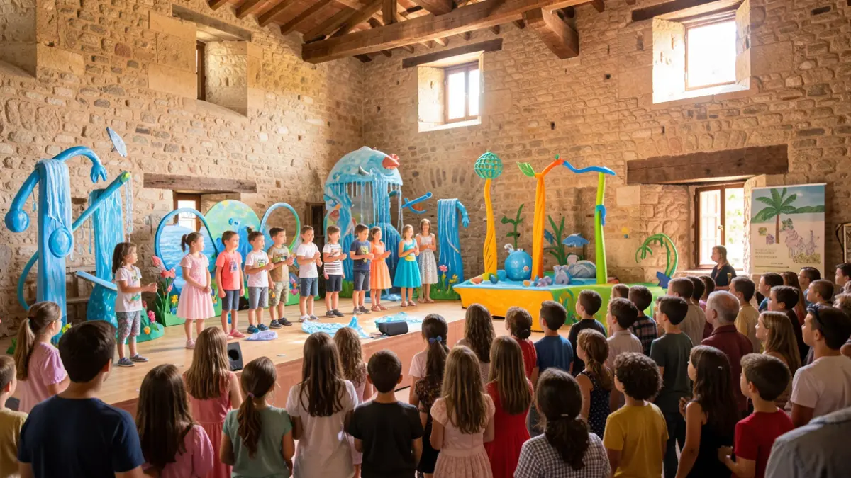 Generic image of a theater scene with children and artists, on the theme of water.