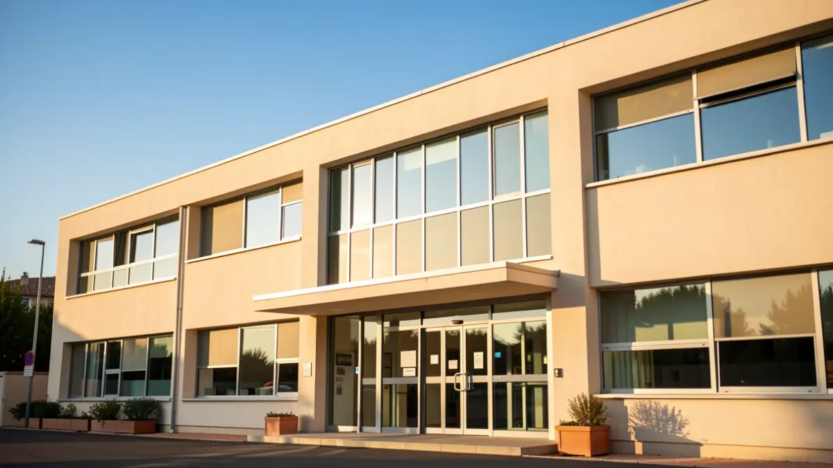 Image générique d'un centre médical moderne avec de grandes fenêtres sous un ciel bleu en Provence.
