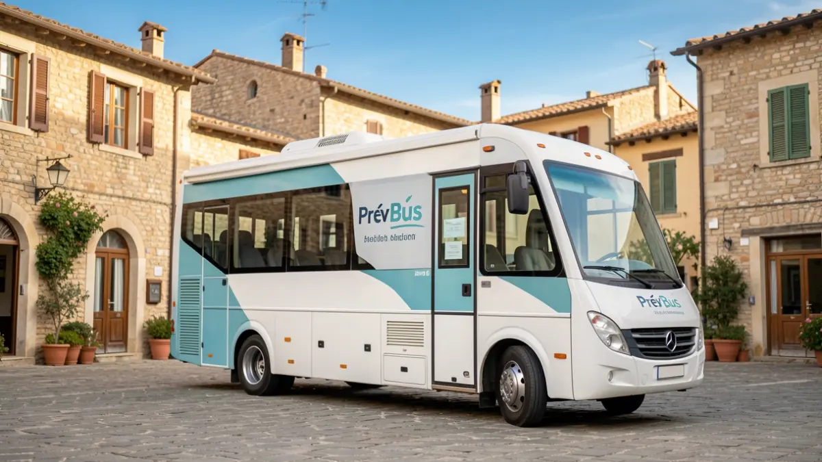 Image générique d'un bus de prévention sanitaire stationné dans un village du sud de la France.