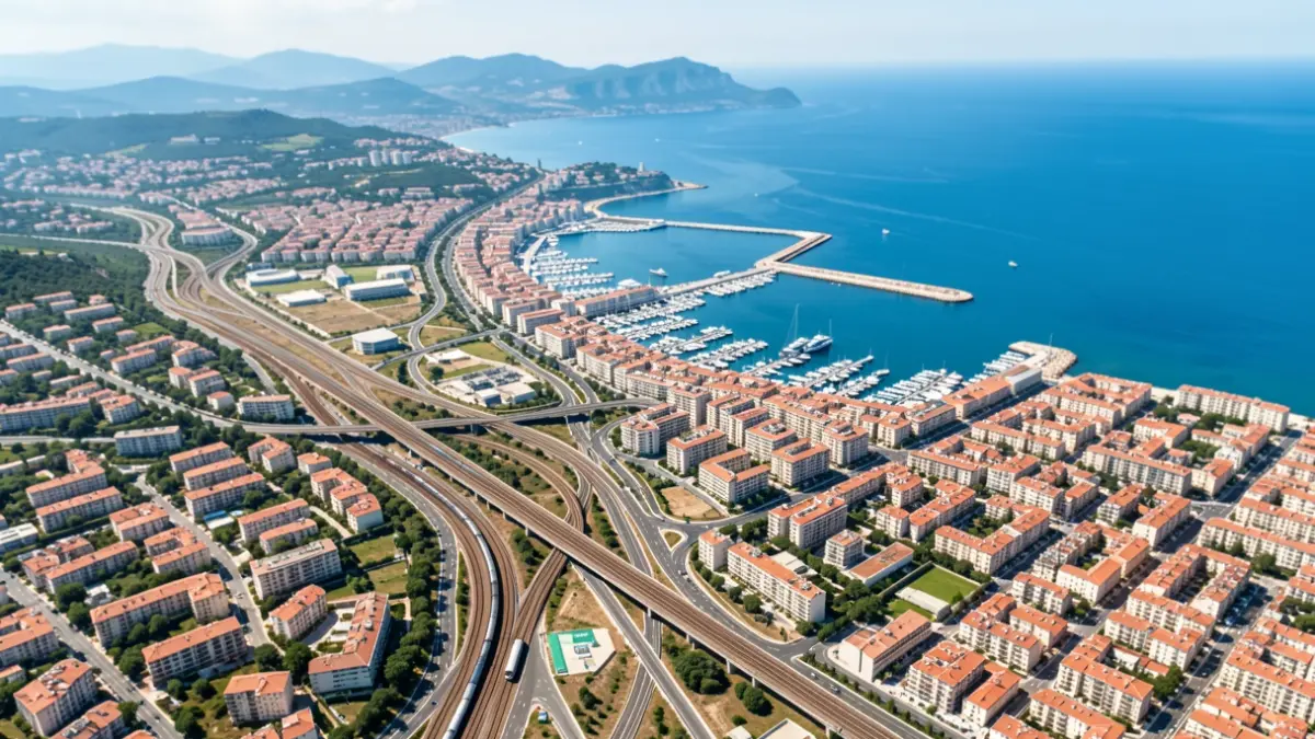 Aerial view of the Toulon region illustrating the Regional Express Metropolitan Service project.