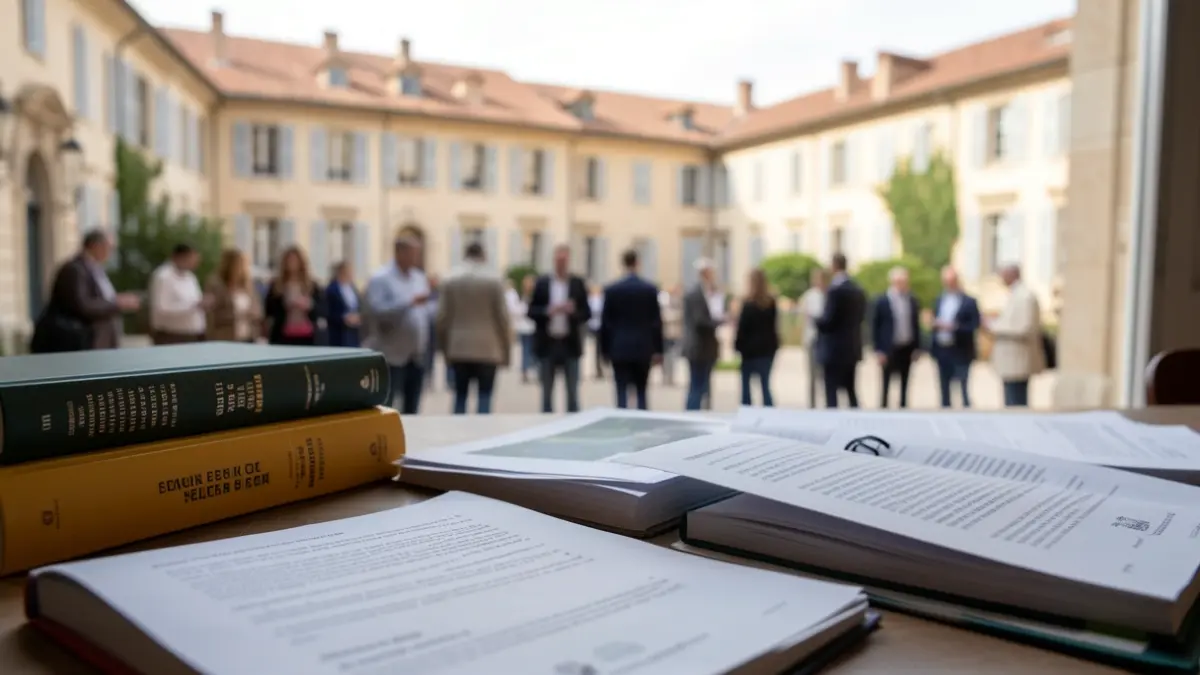Image générique de livres et documents académiques sur un bureau, avec un arrière-plan flou d'un campus universitaire méditerranéen en Provence-Alpes-Côte d'Azur.