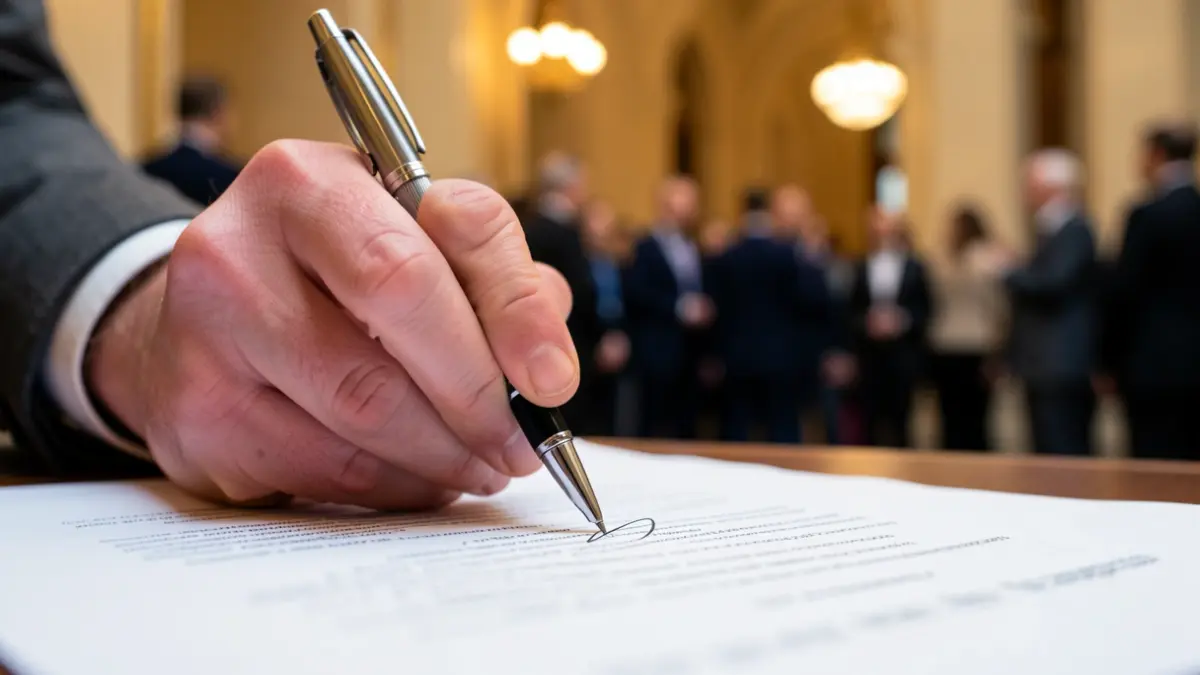 Image générique d'une main tenant un stylo au-dessus d'un document, avec un arrière-plan suggérant un bâtiment officiel.