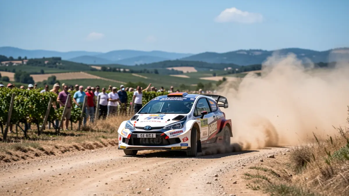Image générique d'une voiture de rallye sur une piste en terre dans la région Provence-Alpes-Côte d'Azur, avec un arrière-plan flou de vignobles et de collines.