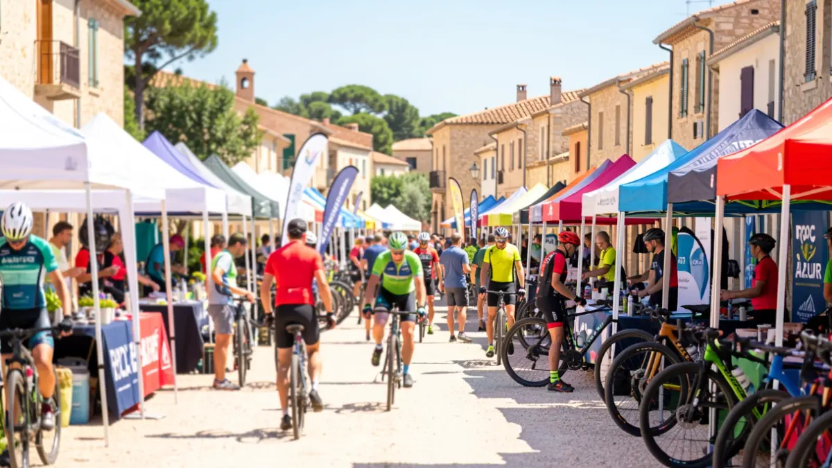 Village d'animations et de rencontres du Roc d'Azur à Fréjus, avec des stands de cyclisme et une ambiance festive.