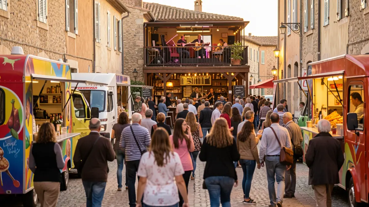 Image générique de food trucks et d'une foule lors d'un événement festif en soirée.