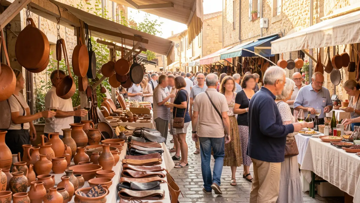 Generic image of a craft and wine fair in the South of France, showing stalls and visitors.