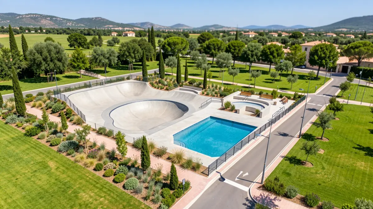 Image générique d'un skatepark moderne intégré dans un paysage verdoyant.