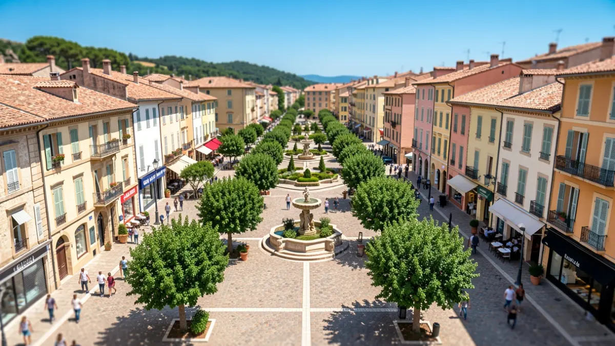 Aerial view of a southern French village square with green spaces and commercial areas.