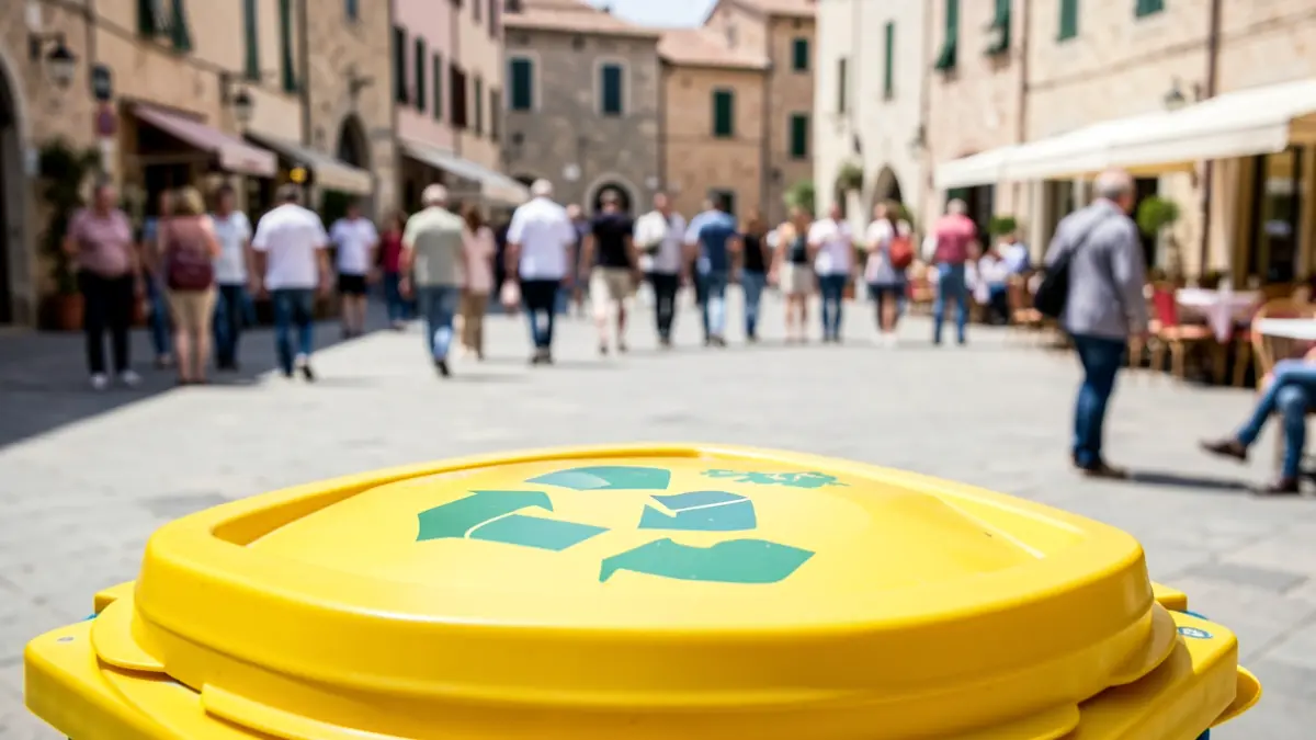 Generic image of a yellow recycling bin lid with the national recycling symbol, on a blurred background of a Mediterranean town square.