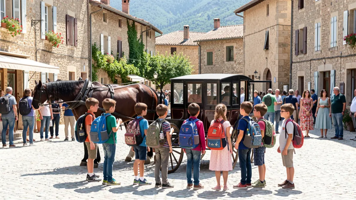 Image générique d'enfants près d'une calèche dans un village provençal.