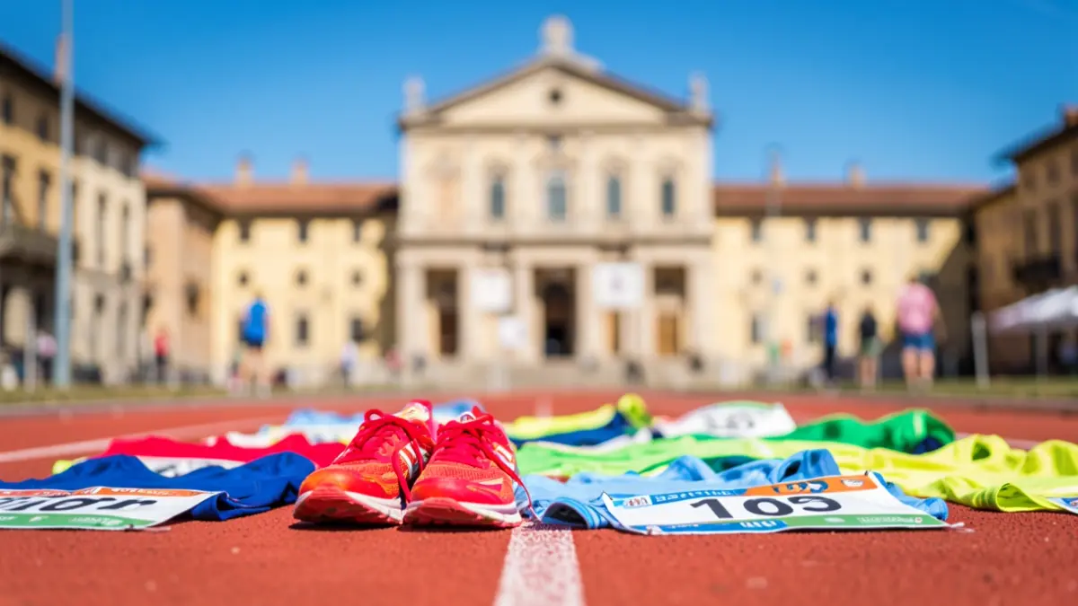 Generic image of running race equipment laid out on a track, with a glimpse of a public building facade in the background.