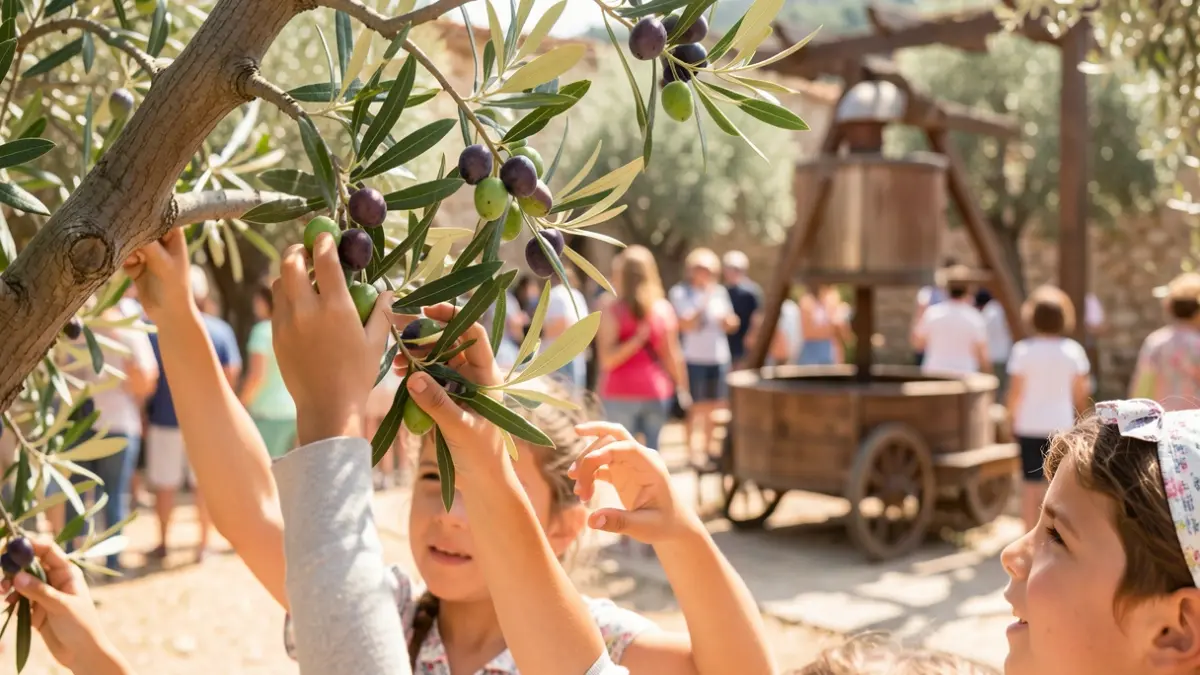 Generic image of children participating in an olive harvest in a sunny courtyard, with a blurred oil press in the background.