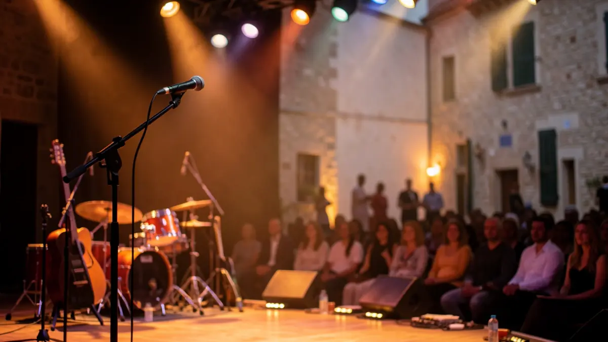 Generic image of a stage with a microphone and musical instruments, lit by warm spotlights, with silhouettes of an audience in the background.
