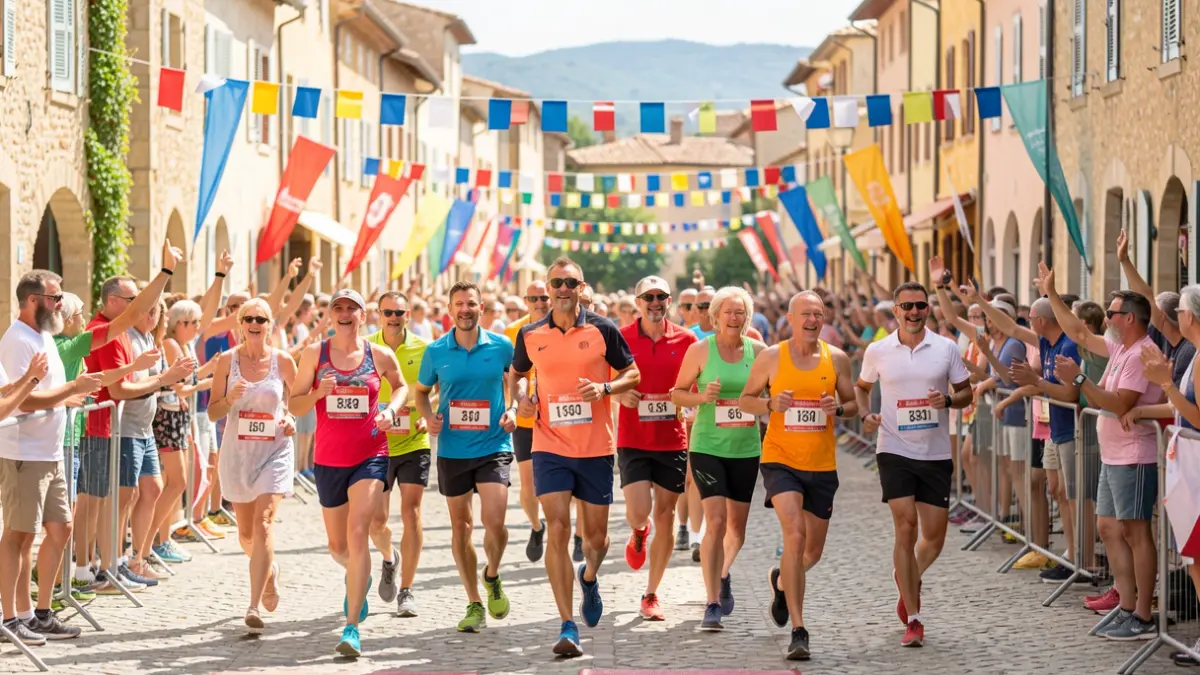 Image générique de coureurs franchissant une ligne d'arrivée dans une ville du sud de la France.