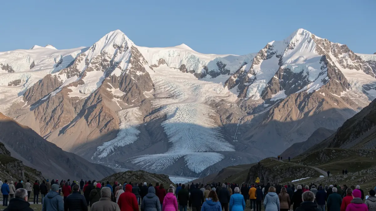 Panoramic view of the glaciers of the Ecrins National Park under a blue sky.