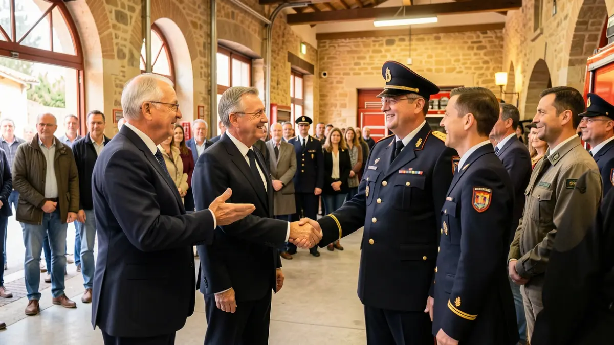 Generic image of mayors meeting firefighters at a fire station. Never use proper names. Never claim it shows the real thing.
