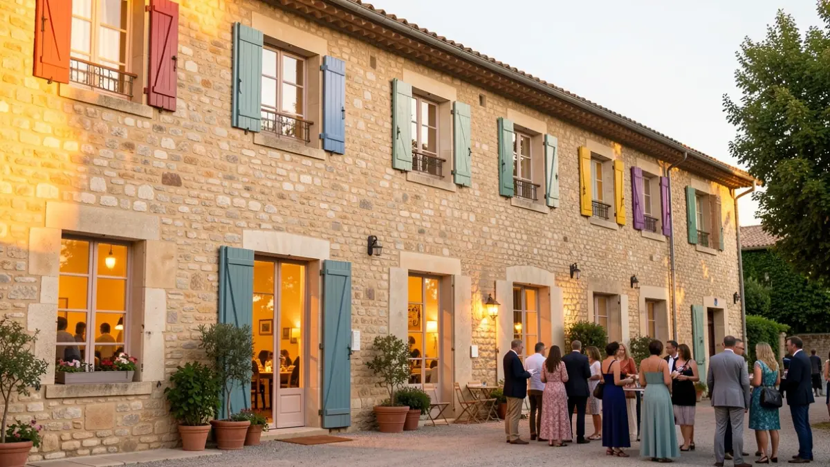 Generic image of a community center in Southern France, with warm lights visible through the windows.