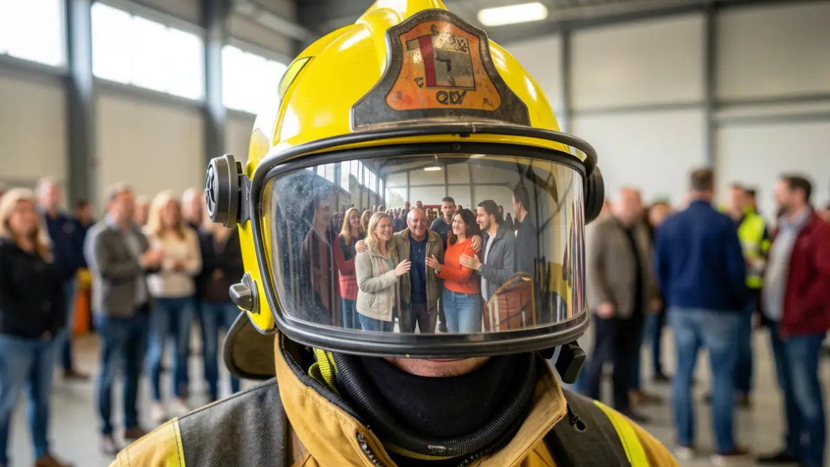 Image générique d'un casque de pompier reflétant un groupe de personnes diverses interagissant chaleureusement.