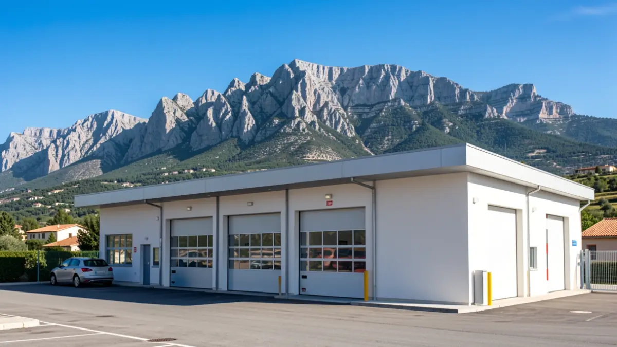 Generic image of a modern fire station in a Provençal landscape.
