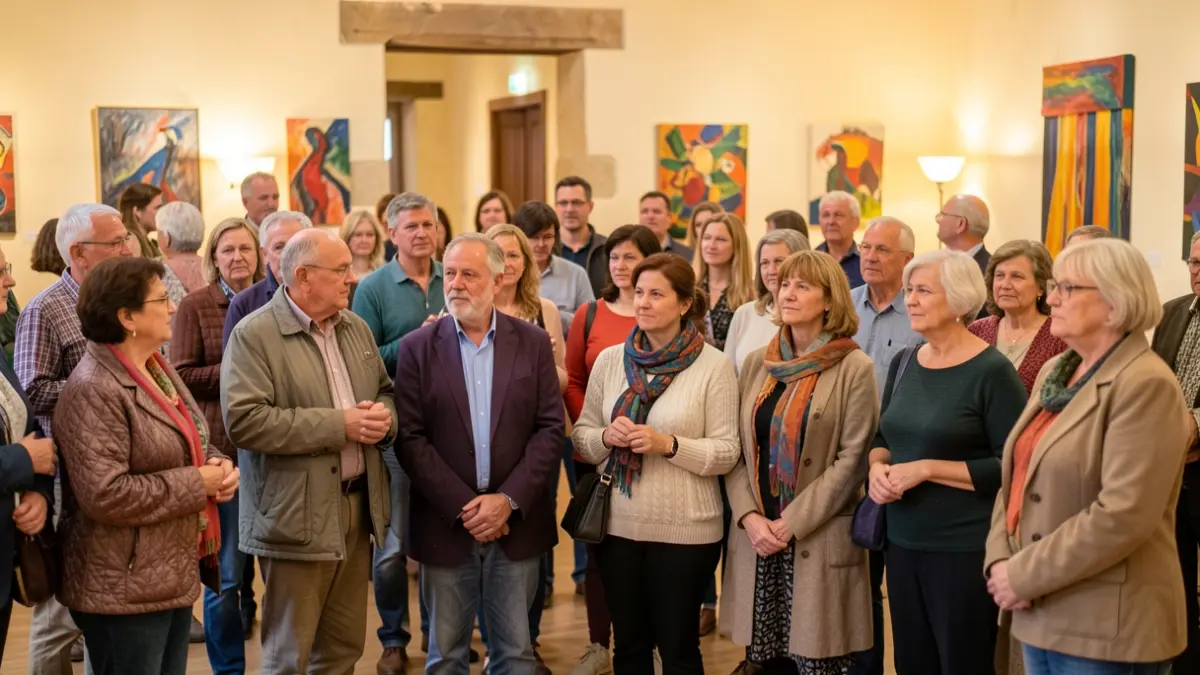 Generic image of an event closing in a community hall, with participants expressing emotions and subtle artistic elements.