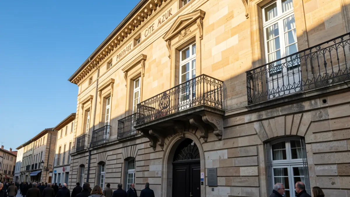 Image générique de la façade d'une mairie en pierre de Provence avec balcon et balustrade en fer forgé, sous un soleil d'après-midi.