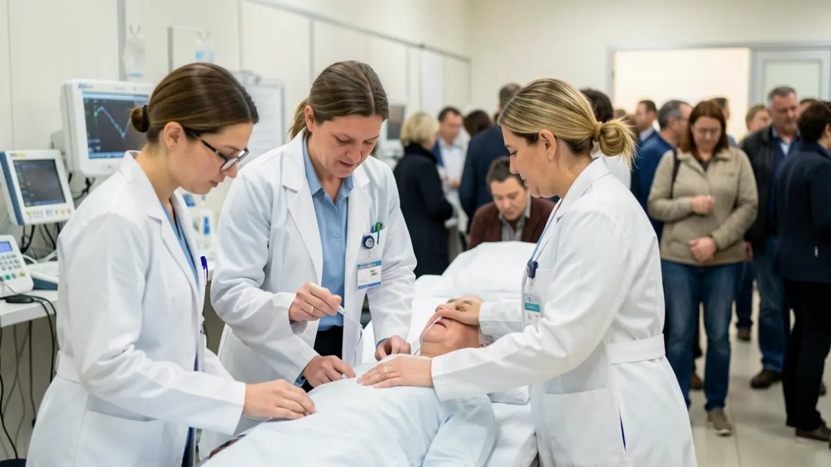 Équipe médicale effectuant un dépistage du cancer du poumon dans un centre aménagé.