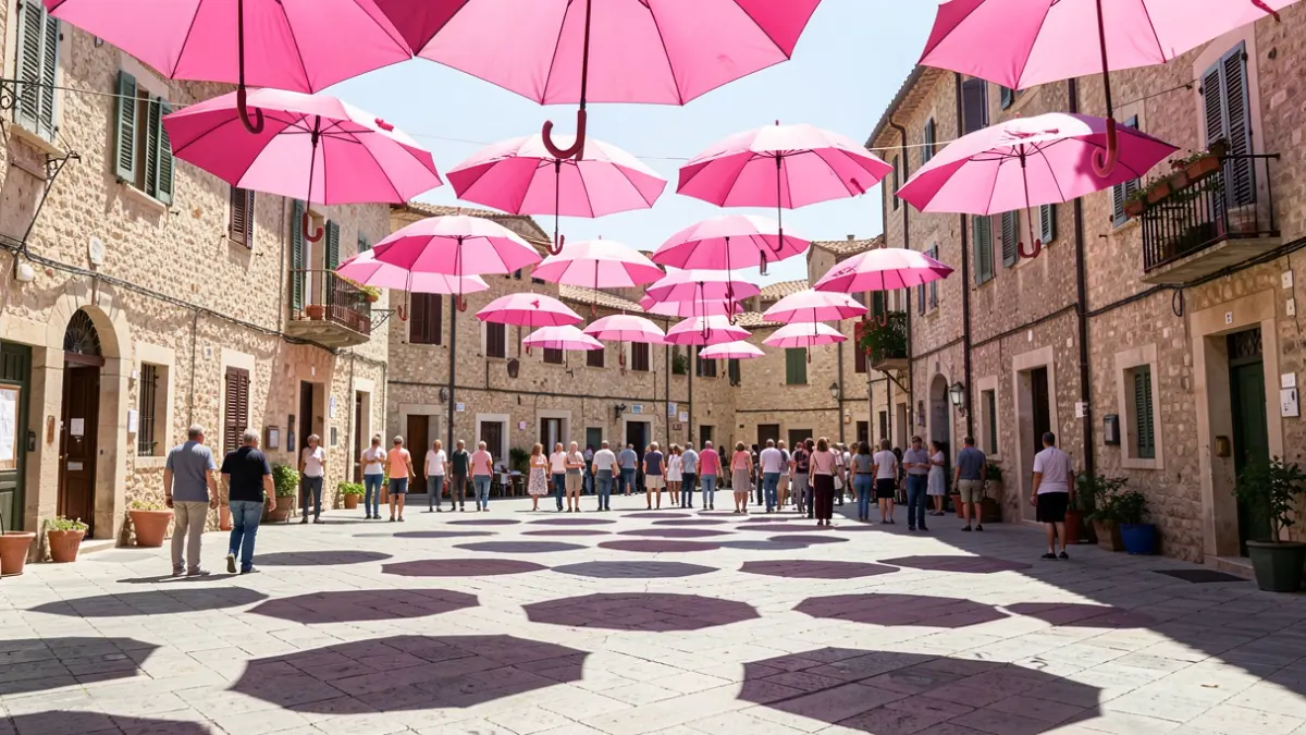 Pink umbrellas suspended above the Place de la République in Levens, adding a colorful and symbolic touch.