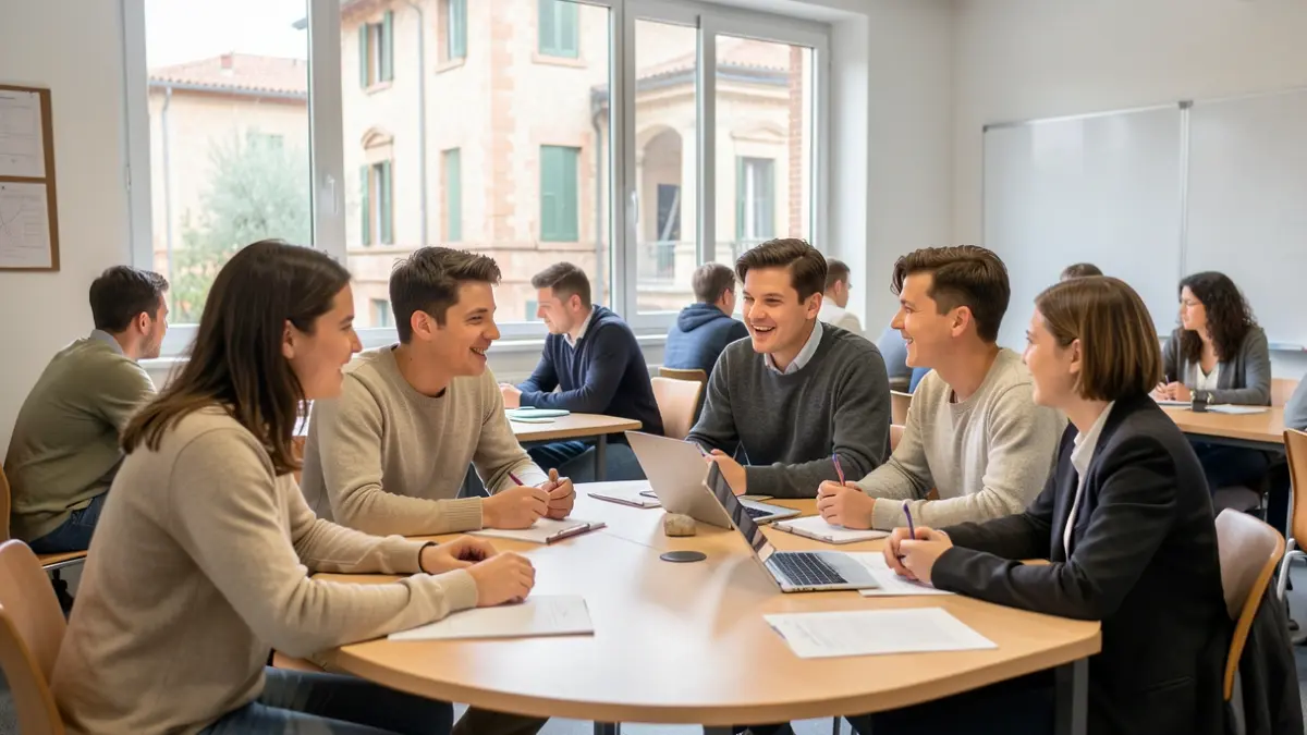 Image générique d'étudiants internationaux participant à un atelier interactif dans une université du sud de la France.