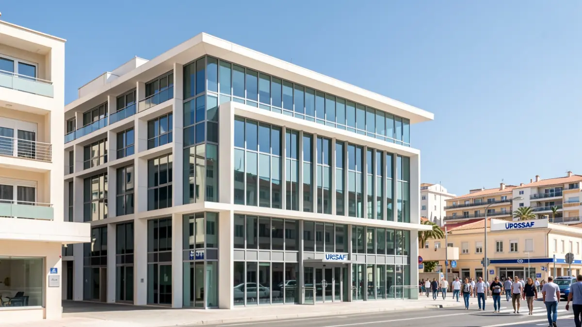 Façade du bâtiment de l'URSSAF à Toulon, un immeuble de bureaux moderne.