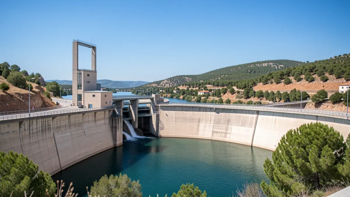 Vue extérieure de la centrale hydroélectrique de Saint-Chamas avec son barrage et son réservoir d'eau, sous un ciel bleu clair, mettant en valeur l'infrastructure industrielle intégrée au paysage naturel de Provence-Alpes-Côte d'Azur.