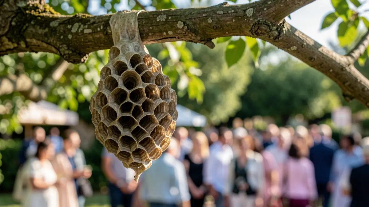 Image générique d'un nid de frelons asiatiques ou orientaux suspendu à une branche d'arbre, avec un arrière-plan flou de feuillage méditerranéen.