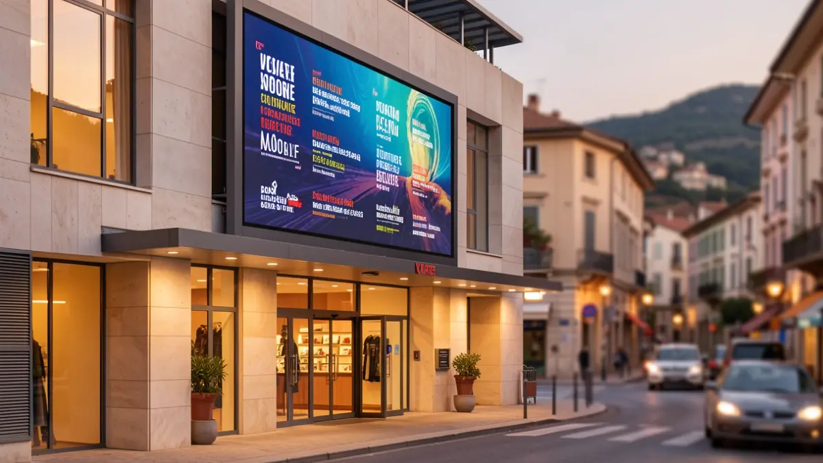 Image générique d'une façade de cinéma moderne avec un écran d'information, dans un cadre urbain.