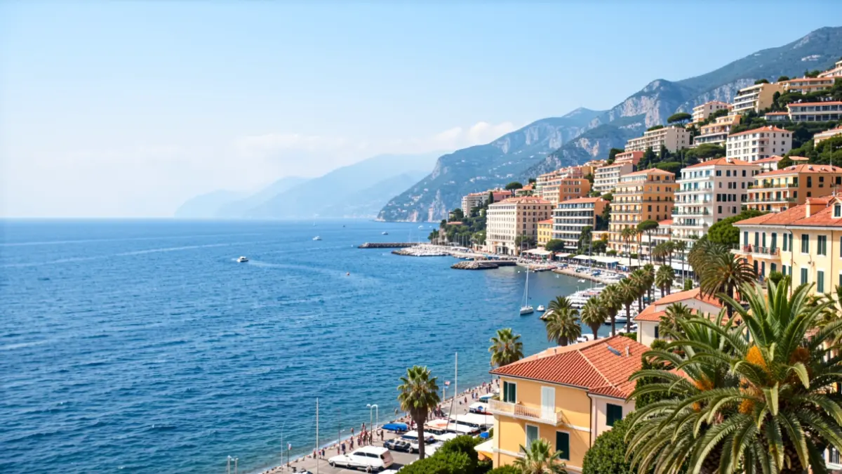 Generic image of the Mediterranean coastline with colorful buildings and palm trees under a blue sky.