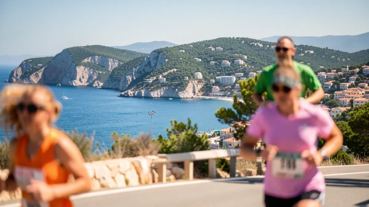 Generic image of the Mediterranean coastline with runners on a road.