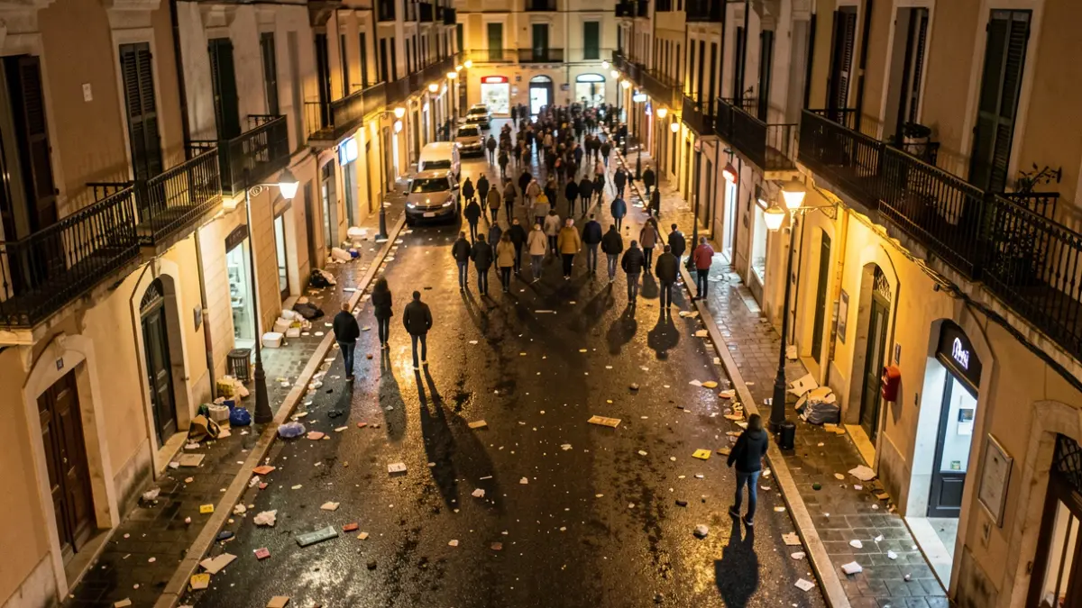 Generic image of a Mediterranean city street at night, with debris and lights.