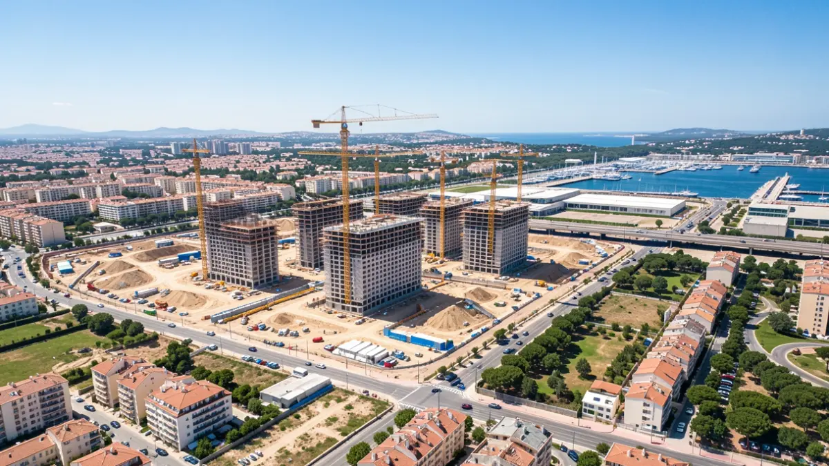 Vue aérienne d'un grand projet de développement urbain à Marseille, France, avec des grues de construction et de nouveaux bâtiments en cours.