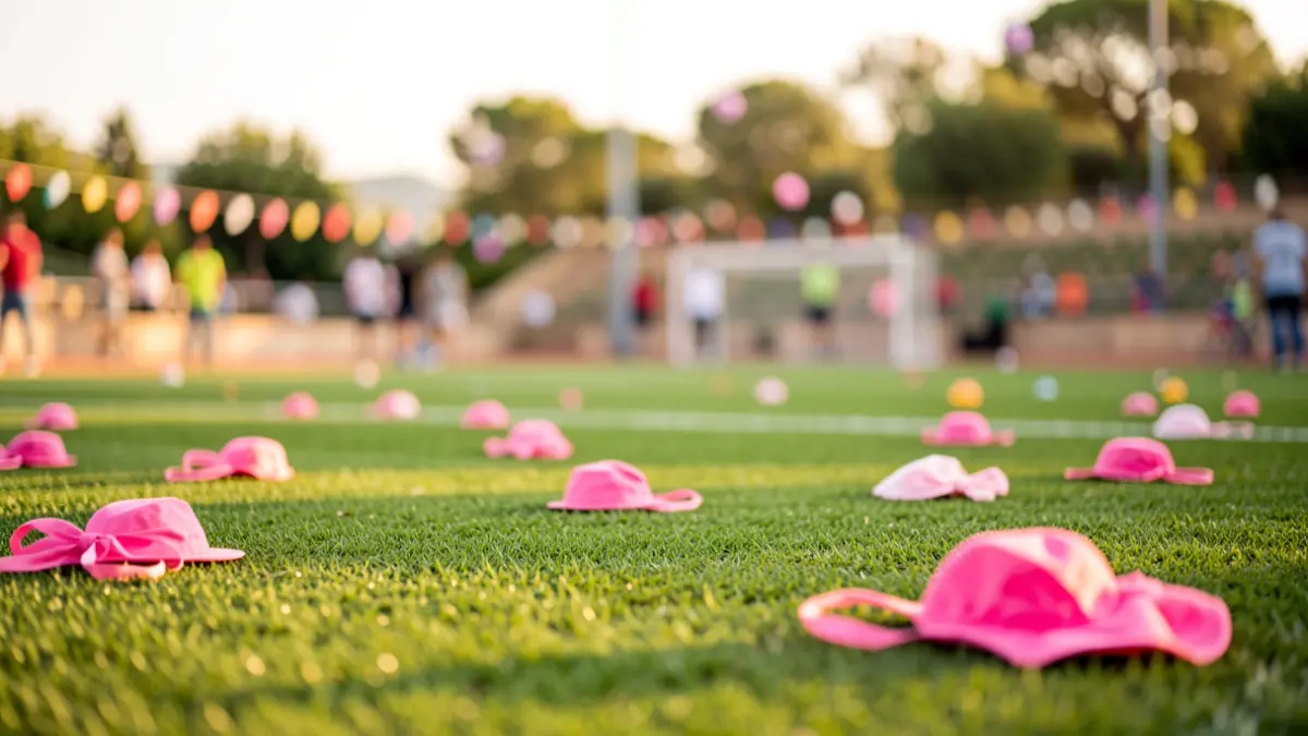 Synthetic football field in La Roquette-sur-Siagne with pink touches for the October Rose event.