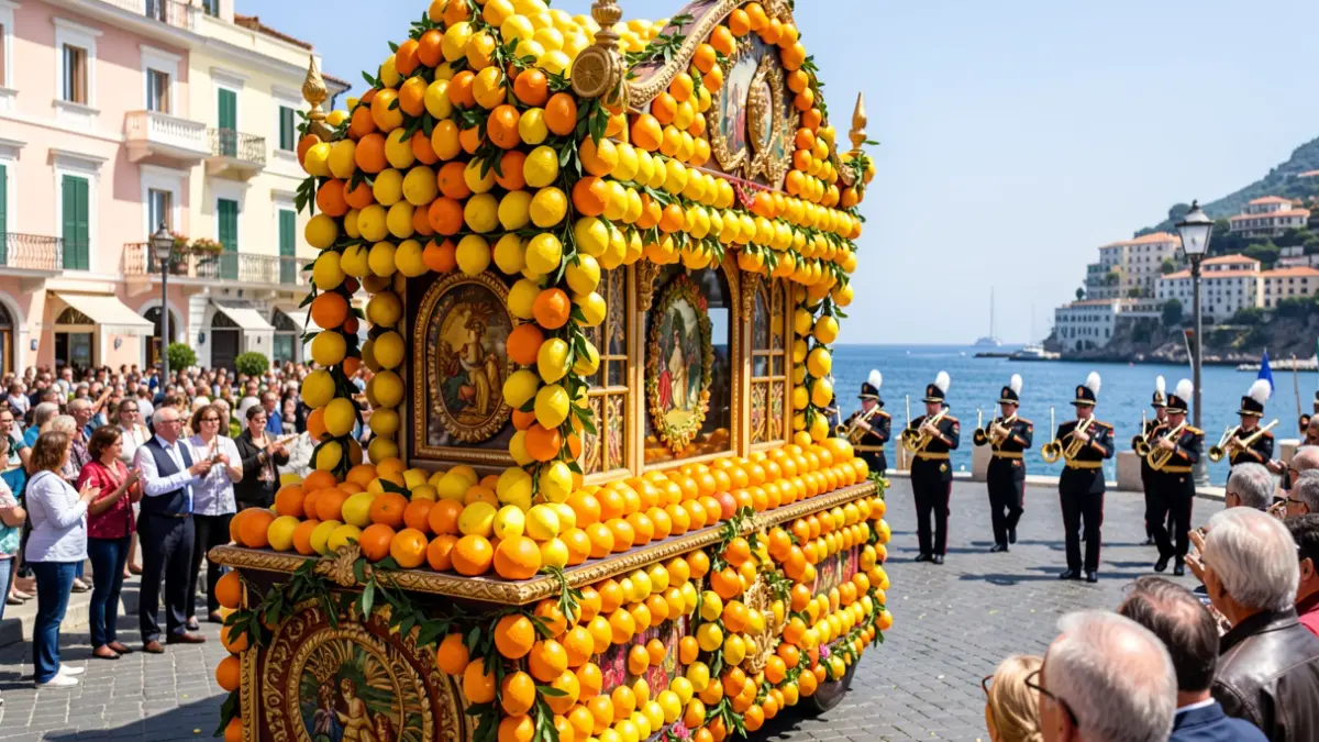 A colorful parade float decorated with lemons and oranges during the Fête du Citron in Menton.
