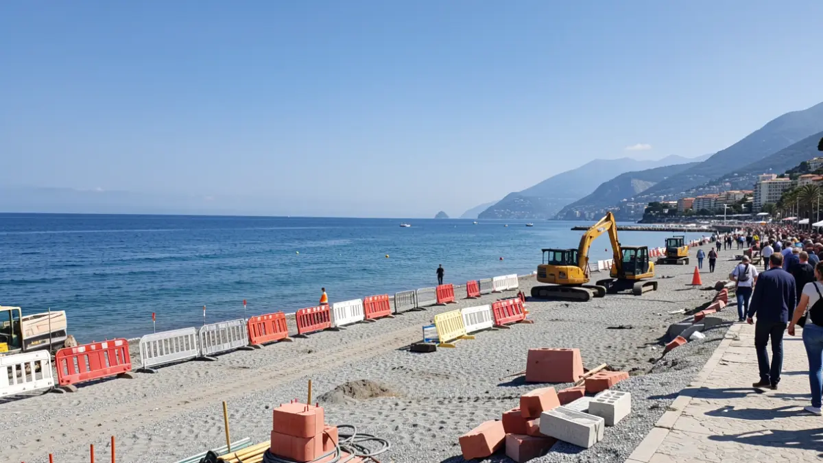 Image générique de travaux de protection du littoral sur une plage de Menton, avec des engins de chantier et des barrières.