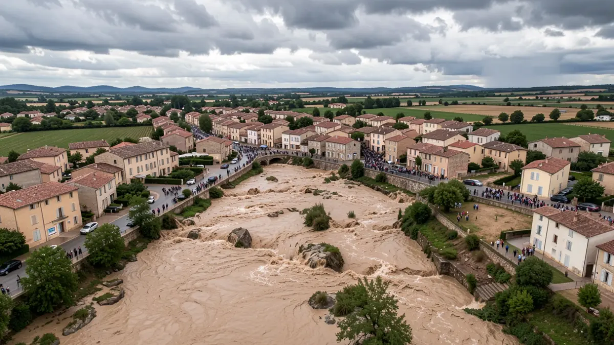 Generic image of Meyrargues after heavy rains, showing streets partially flooded with muddy water under an overcast sky.